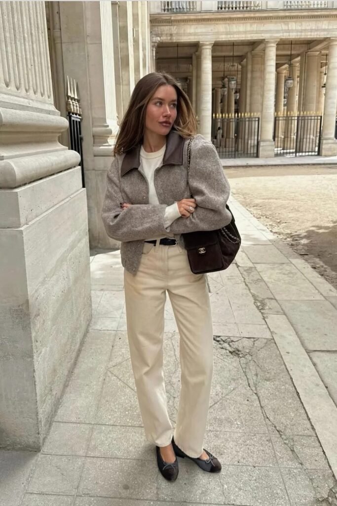 Grey Wool Bomber Jacket with Leather Collar + Cream Straight-Leg Jeans + Black Ballet Flats