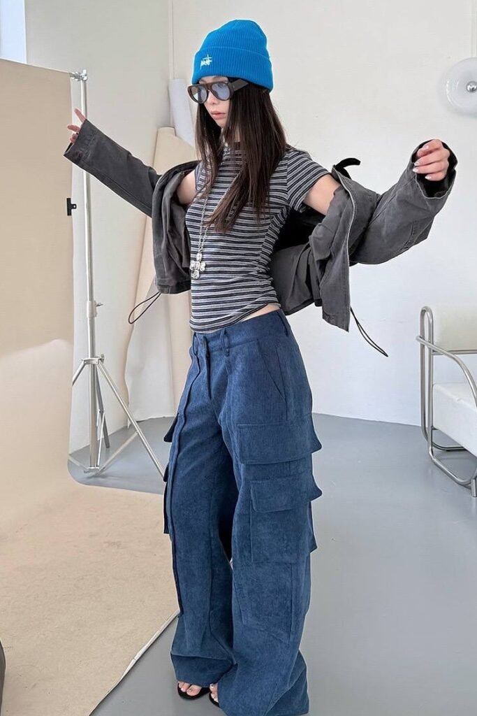 Grey Zip-Up Jacket + Striped Mock Neck Top + Blue Corduroy Cargo Pants + Black Sandals