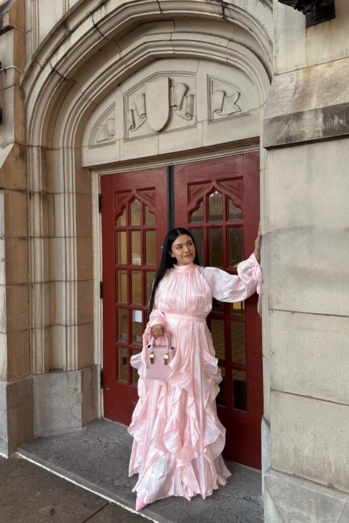 High-Neck Ruffled Pink Satin Gown + Pink Top-Handle Bag + Pink Pumps