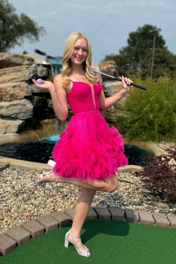 Hot Pink Corset-Style Tiered Tulle Dress + White Sparkly Block Heels