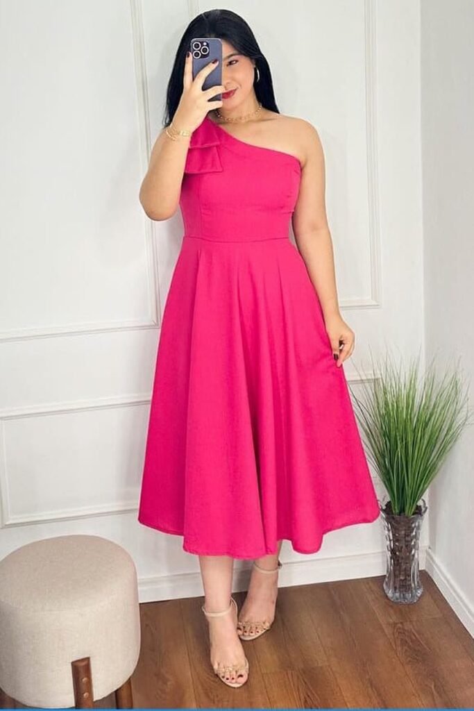 Hot Pink One-Shoulder Midi Dress + Gold Chain Necklace + Tan Strappy Heels