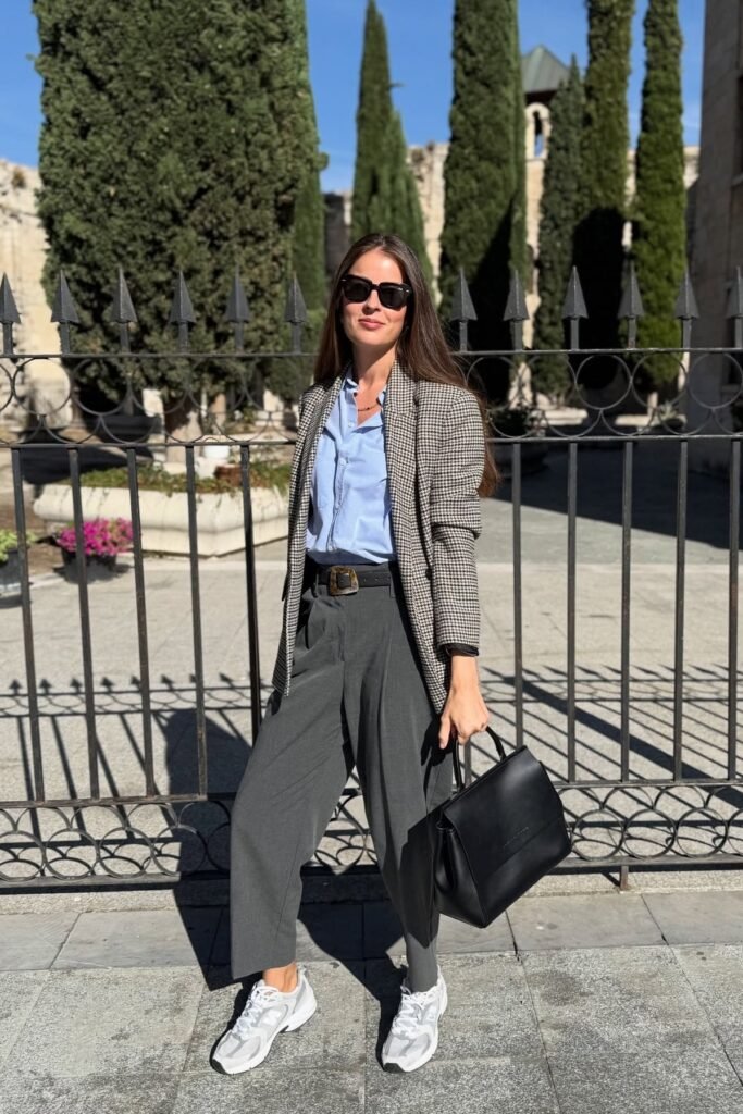 Houndstooth Blazer + Light Blue Button-Down Shirt + Charcoal Trousers + Grey Sneakers