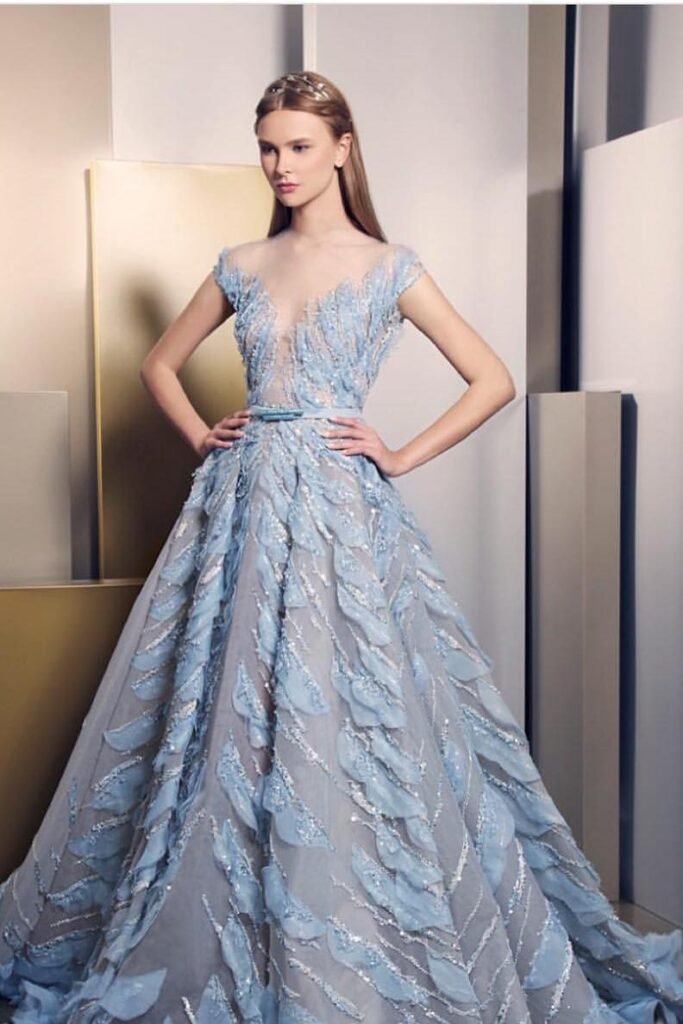 Icy Blue Petal Gown + Sheer Illusions Bodice + Shimmering Leaf Accents