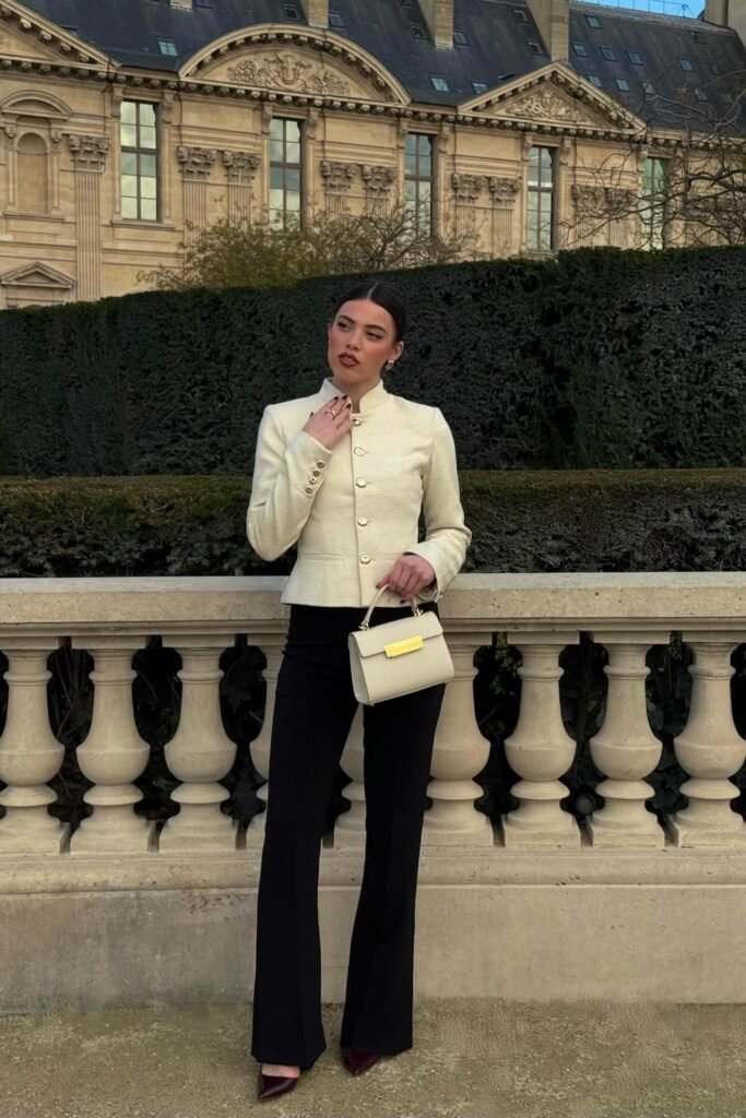 Ivory Mandarin Collar Structured Jacket + Black Flared Trousers + Dark Cherry Pointed Pumps