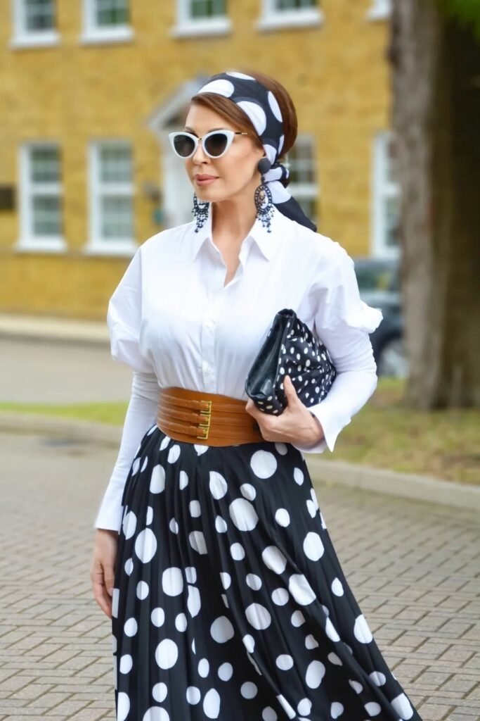 Large Polka Dot Headband + White Puff-Sleeve Shirt + Matching Maxi Skirt + Wide Tan Belt