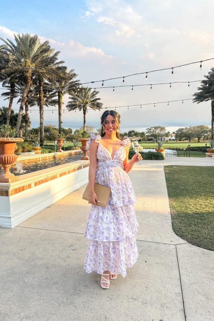 Lavender Floral Tiered Maxi Dress with Ruffled Straps + Tan Envelope Clutch + White Strappy Sandals