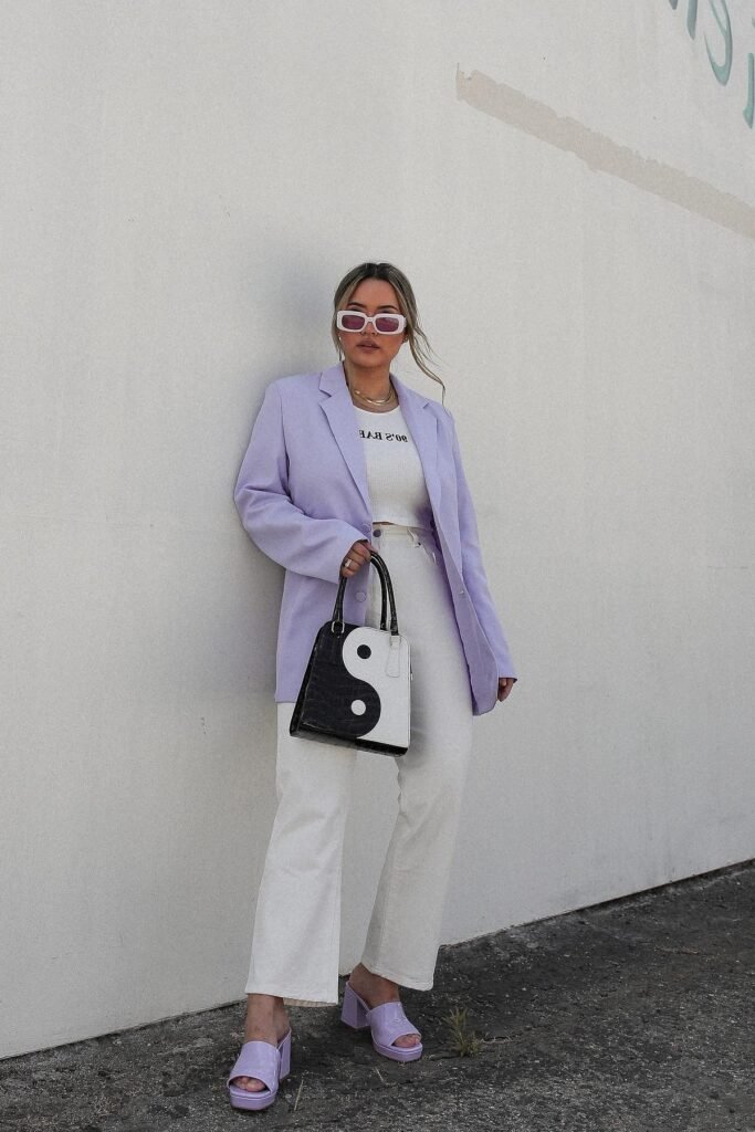Lavender Oversized Blazer + White Crop Top + White Wide-Leg Trousers + Lavender Platform Slides