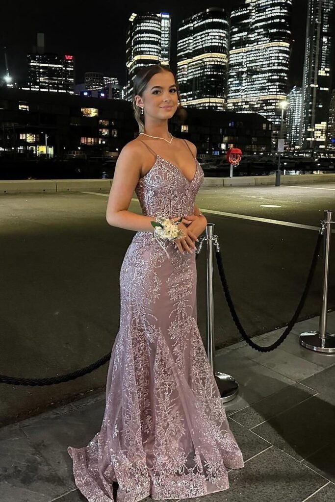 Lavender Sequin Lace Formal Gown + V-Neckline + Mermaid Hem