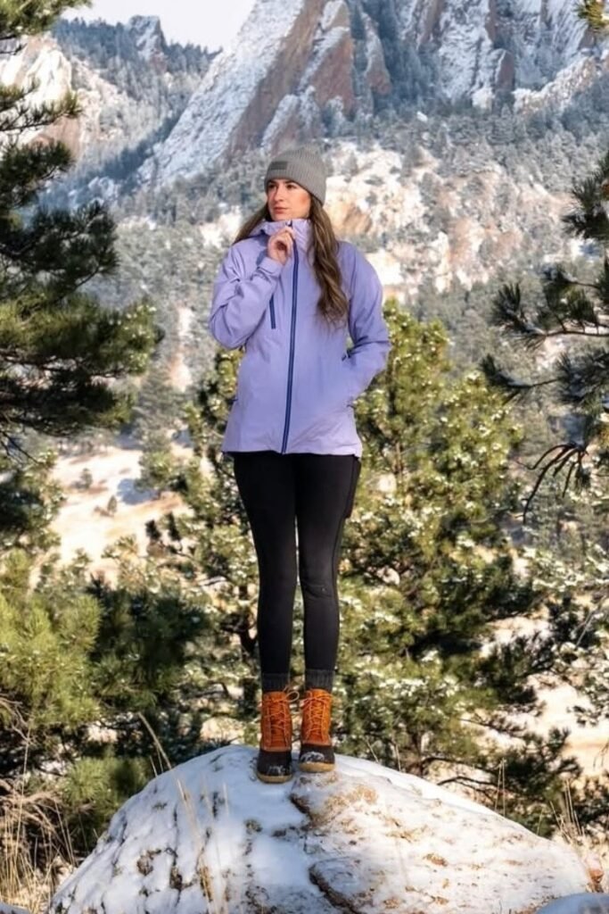 Lavender Technical Rain Jacket + Black Performance Leggings + Tan & Black Winter Boots