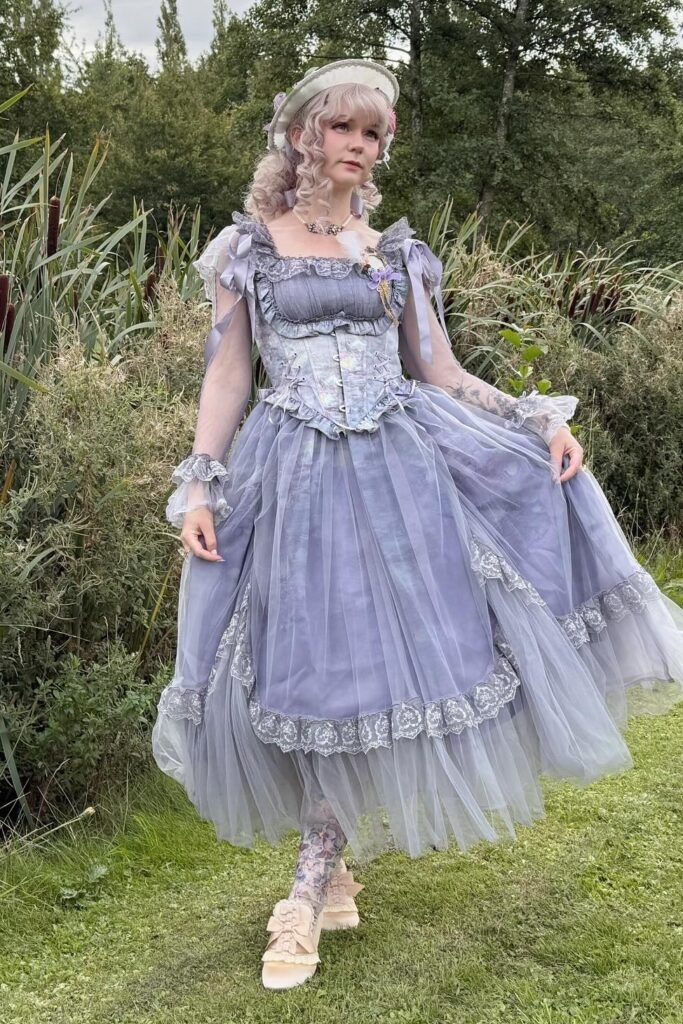 Lavender Tiered Tulle Dress + Grey Lace-Up Corset + Floral Bonnet + Cream Bow Shoes