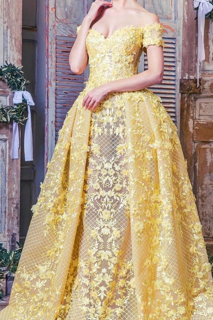 Lemon Yellow Off-the-Shoulder Gown + 3D Floral Embellishments + Grid Pattern Lace