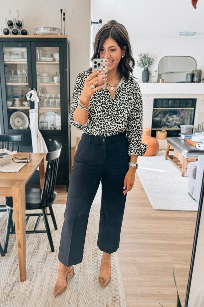 Leopard Print Button-Down Shirt + Black Cropped Wide-Leg Trousers + Tan Pointed-Toe Heels