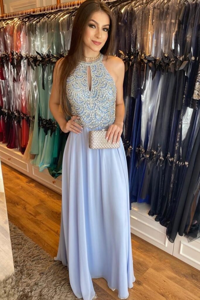  Light Blue A-Line Chiffon Maxi Skirt + Gold and Blue Beaded Halter Neck Bodice + Woven Gold Clutch