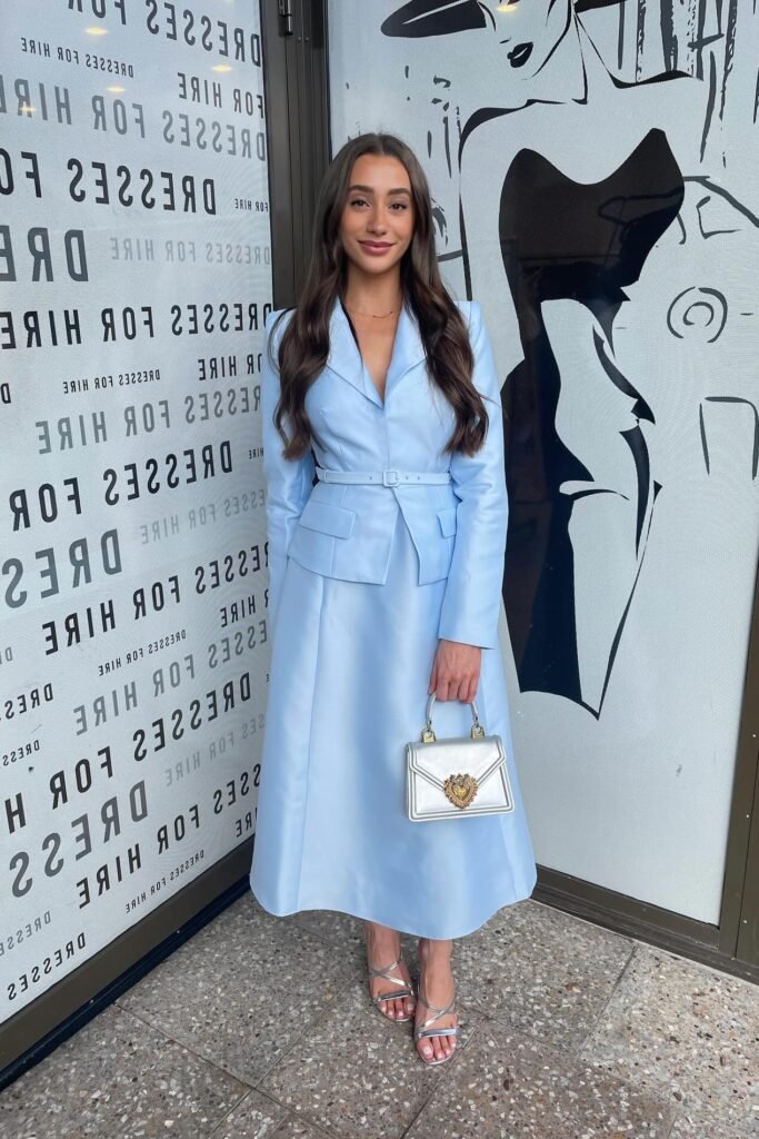 Light Blue Belted Blazer Dress + Silver Heart-Embellished Mini Bag + Silver Strappy Heels