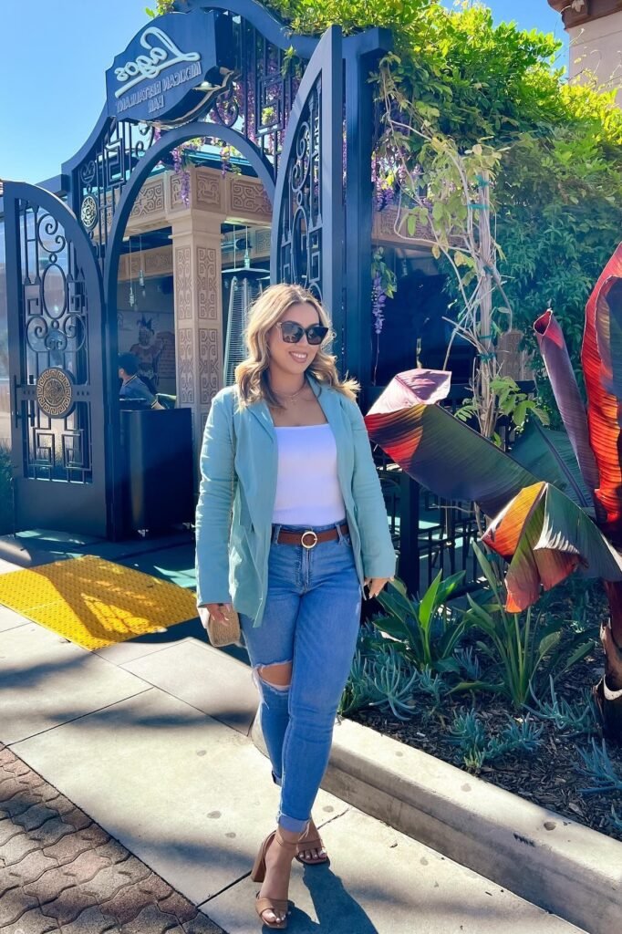 Light Blue Blazer + White Bodysuit + Ripped Skinny Jeans + Brown Block Heel Sandals
