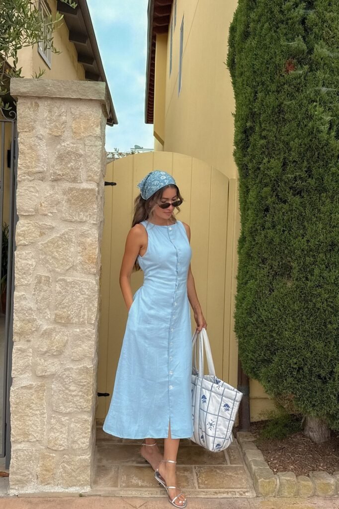 Light Blue Button-Down Linen Dress + Silver Strappy Sandals + Blue Floral Headscarf + Oversized Quilted Tote