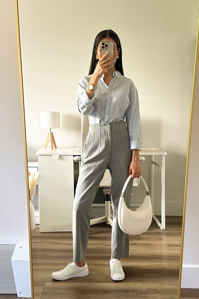 Light Blue Button-Down Shirt + Grey Tapered Trousers + White Sneakers