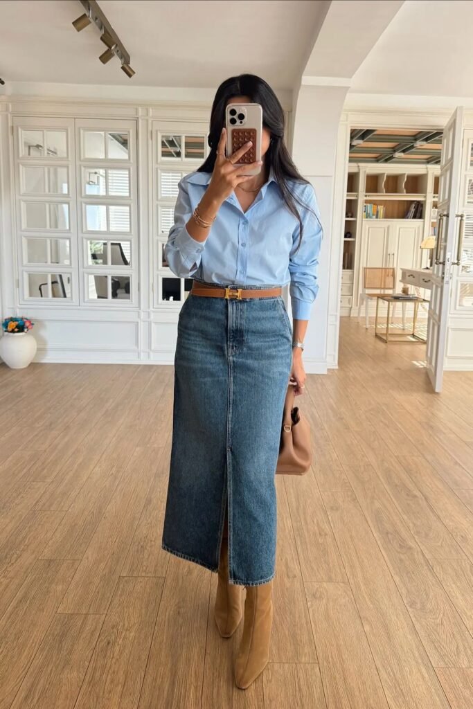 Light Blue Button-Down Shirt + Straight Denim Maxi Skirt + Tan Suede Boots