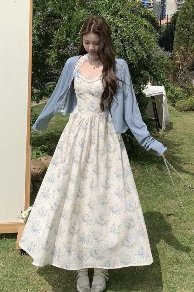 Light Blue Cardigan + Floral Print Maxi Dress + White Socks + Silver Mary Jane Flats