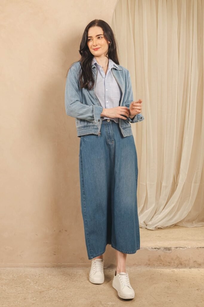 Light Blue Checked Shirt + Light Wash Denim Jacket + Wide-Leg Denim Culottes + White Sneakers