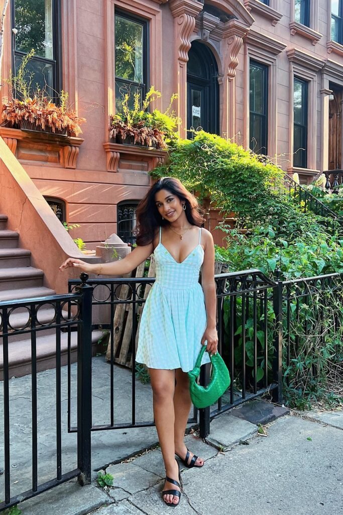 Light Blue Gingham Mini Dress + Black Strappy Sandals + Green Woven Handbag