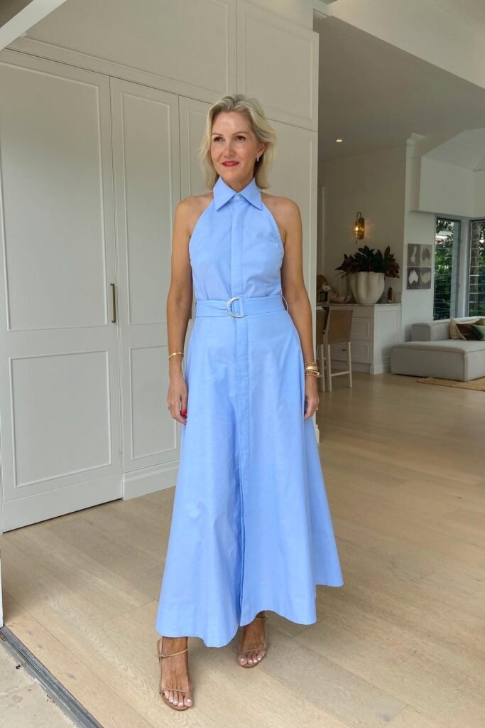 Light Blue Halter Midi Dress + Silver Buckle Belt + Nude Strappy Sandals