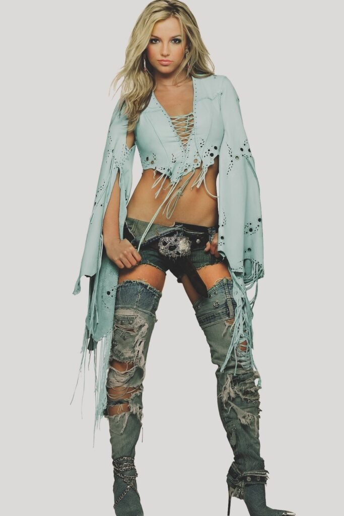 Light Blue Lace-up Crop Top + Micro Denim Shorts + Distressed Denim Thigh-High Boots