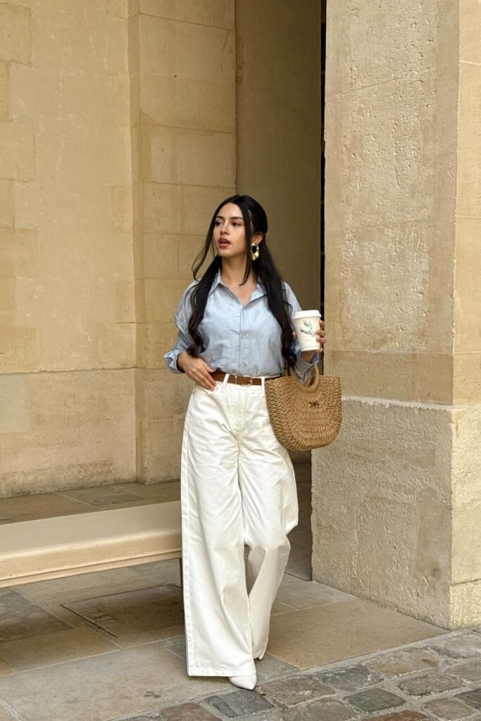 Light Blue Linen Shirt + White Wide-Leg Jeans + White Pointed Boots