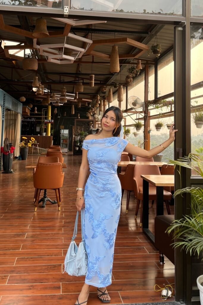 Light Blue Off-the-Shoulder Floral Appliqué Dress + Blue Handbag + Black Strappy Sandals