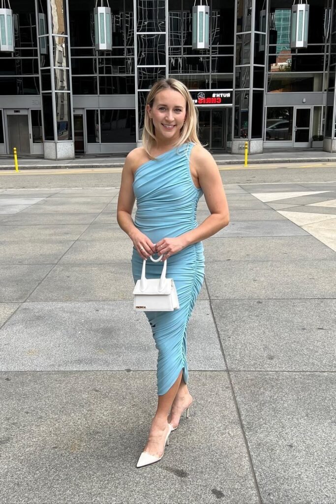 Light Blue One-Shoulder Ruched Midi Dress + White Pointed-Toe Mules + White Top-Handle Bag