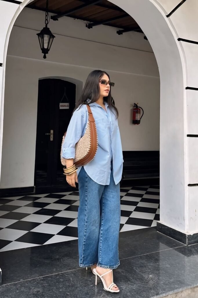 Light Blue Oversized Button-Down + Wide-Leg Jeans + White Strappy Heeled Sandals