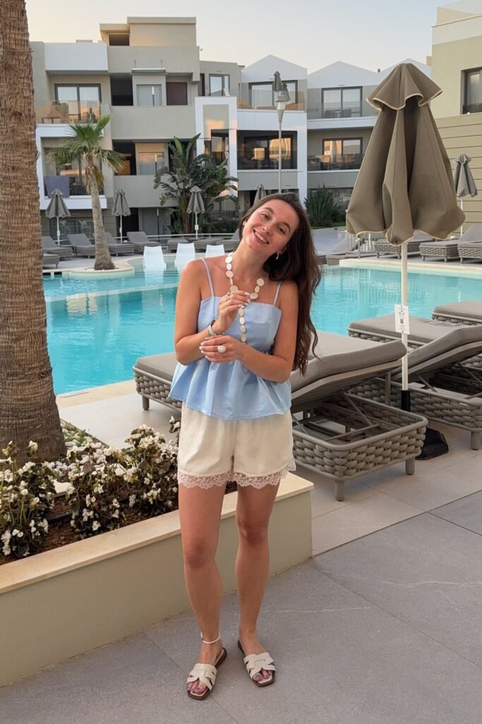 Light Blue Peplum Cami + White Lace-Trim Shorts + Cream Slide Sandals