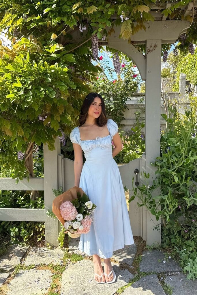 Light Blue Puff-Sleeve Bustier Dress + White Thong Sandals + Fresh Flower Bouquet