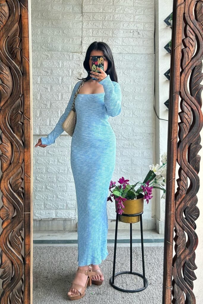 Light Blue Ribbed Long-Sleeve Square-Neck Maxi Dress + Tan Platform Sandals + Beige Quilted Chain Bag