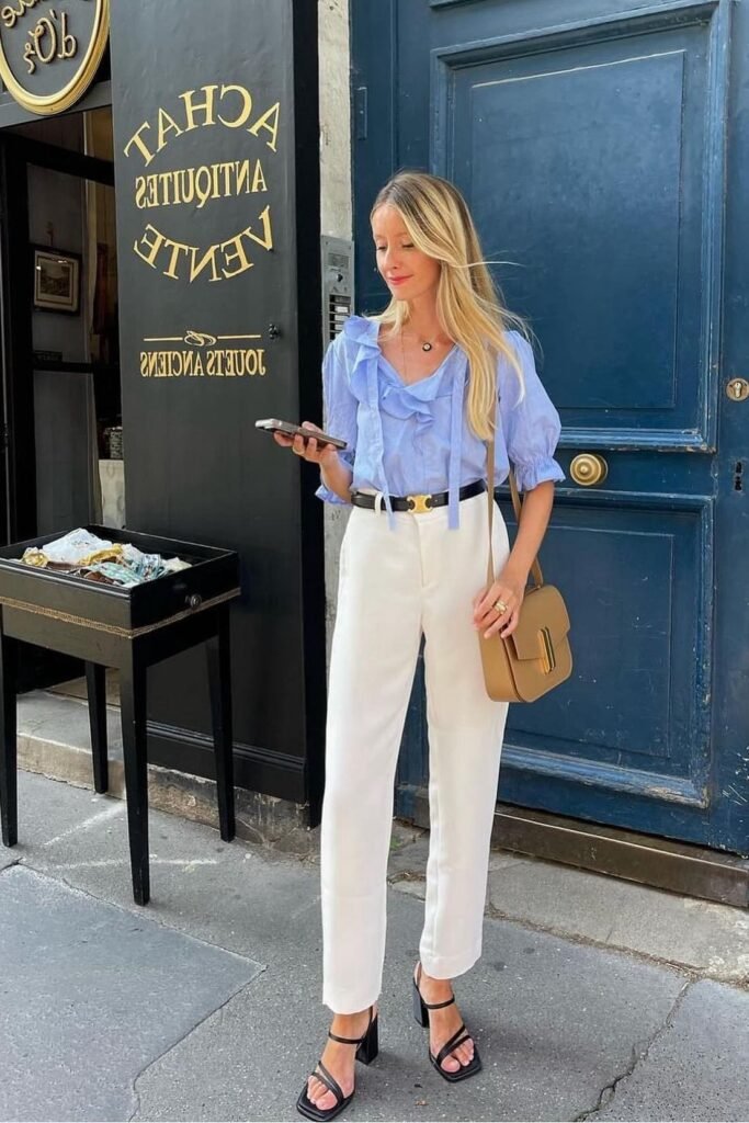 Light Blue Ruffle Blouse + White Straight-Leg Trousers + Black Strappy Heeled Sandals