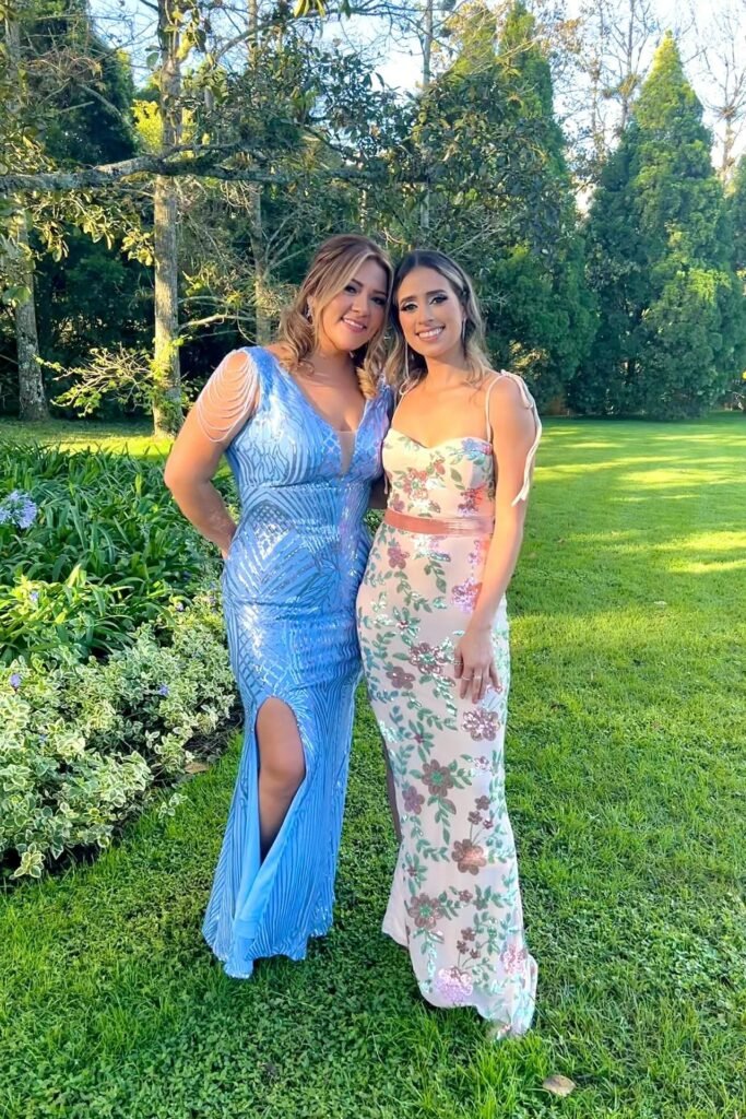 Light Blue Sequin Mermaid Gown with Beaded Fringe Shoulders + High Slit / White Floor-Length Dress with Green Floral Embroidery and Pink Velvet Waistband