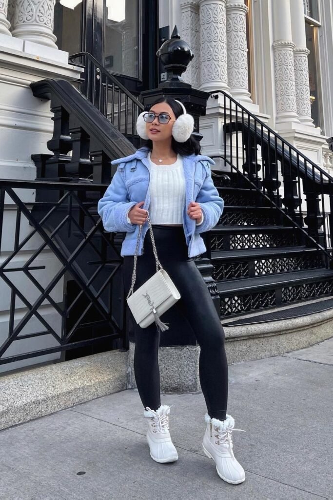 Light Blue Shearling Jacket + White Cropped Sweater + Black Leggings + White Winter Boots