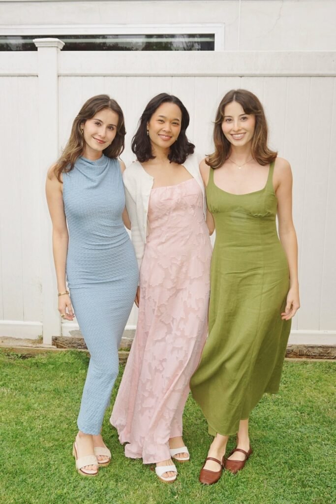 Light Blue Textured Maxi Dress + Pink Floral Maxi Dress + Olive Green Linen Midi Dress