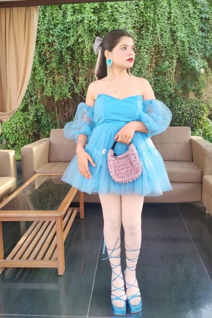 Light Blue Tulle Mini Dress + Sheer Puff Sleeves + Blue Strappy Platforms
