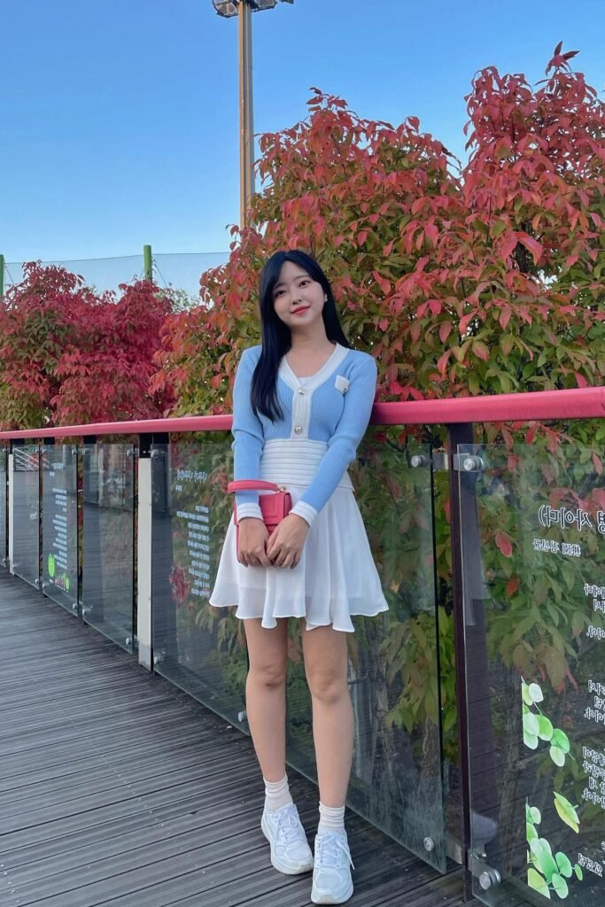 Light Blue and White Color-Block Cardigan + White Chiffon Flare Skirt + White Socks + White Chunky Sneakers