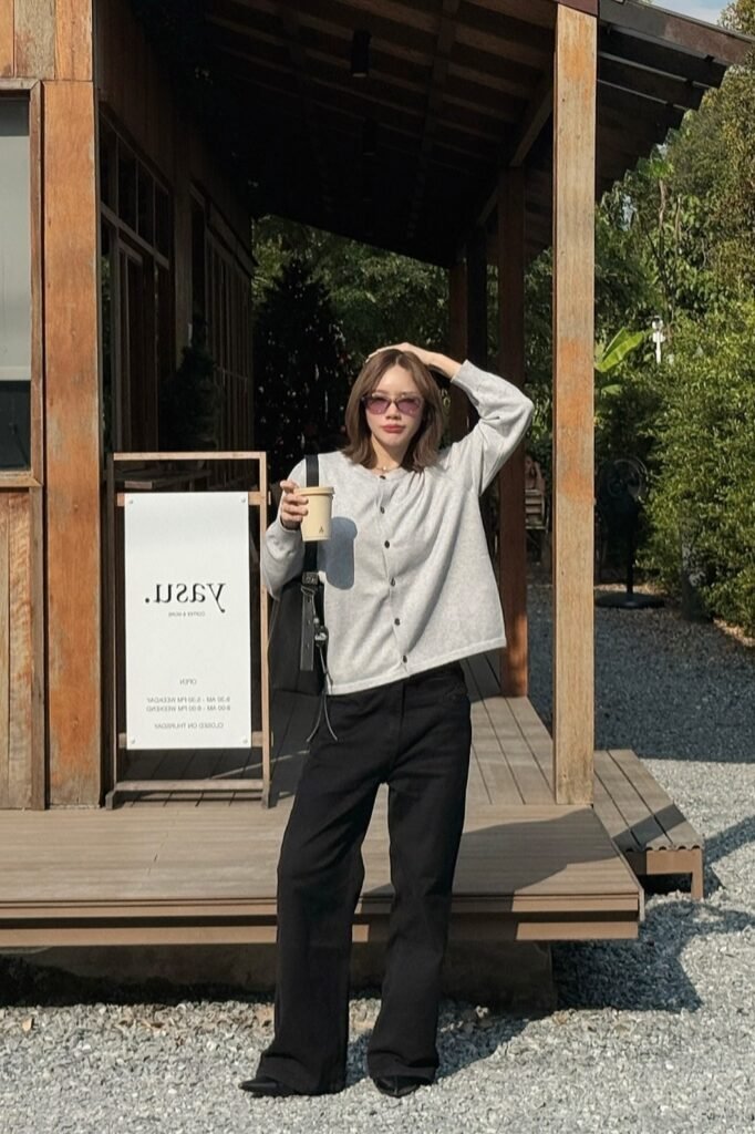 Light Grey Button-Up Cardigan + Black Wide-Leg Trousers + Black Pointed Boots