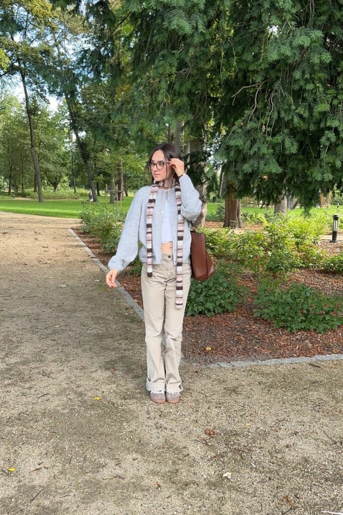 Light Grey Knit Cardigan + Beige Straight-Leg Trousers + Grey Sneakers