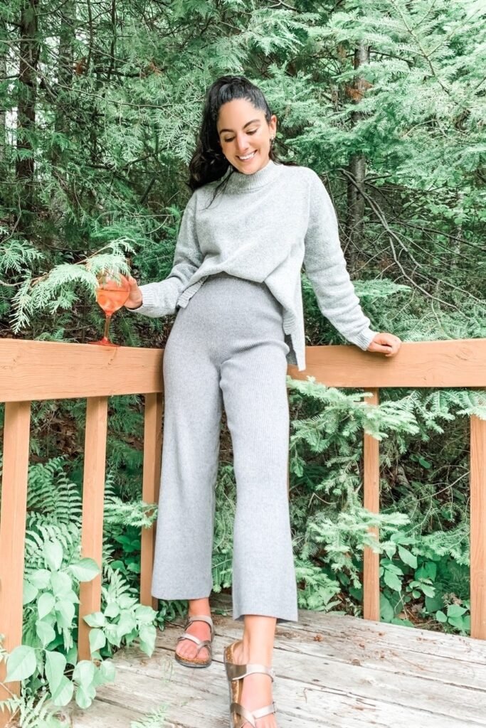 Light Grey Mock-Neck Sweater + Light Grey Ribbed Wide-Leg Pants + Metallic Strappy Sandals