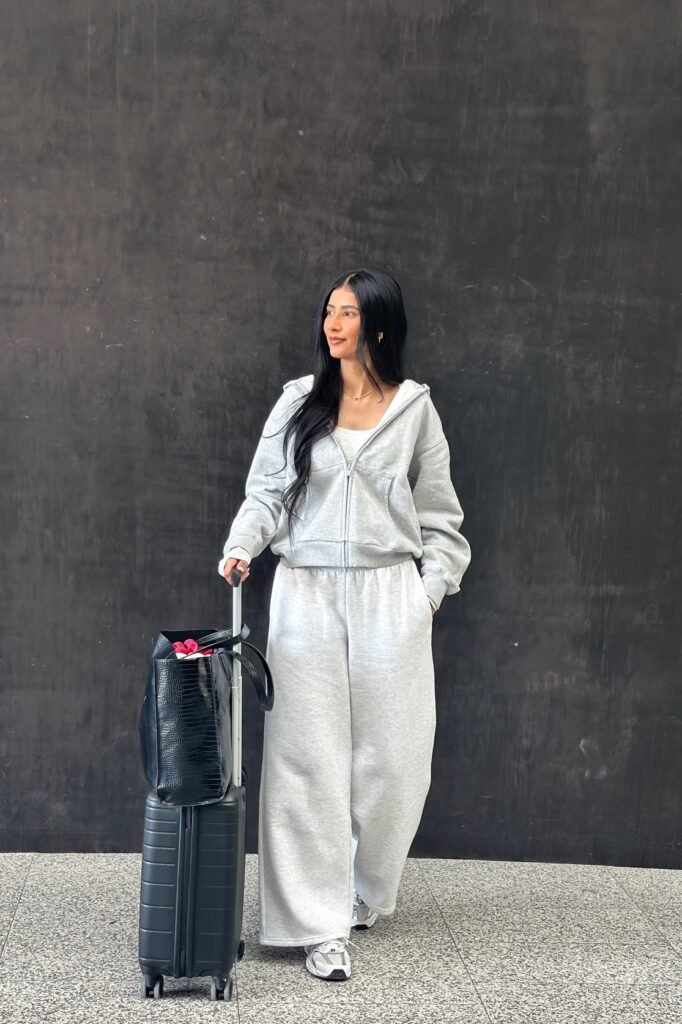 Light Grey Zip-Up Hoodie + Matching Wide-Leg Sweatpants + White Athletic Sneakers