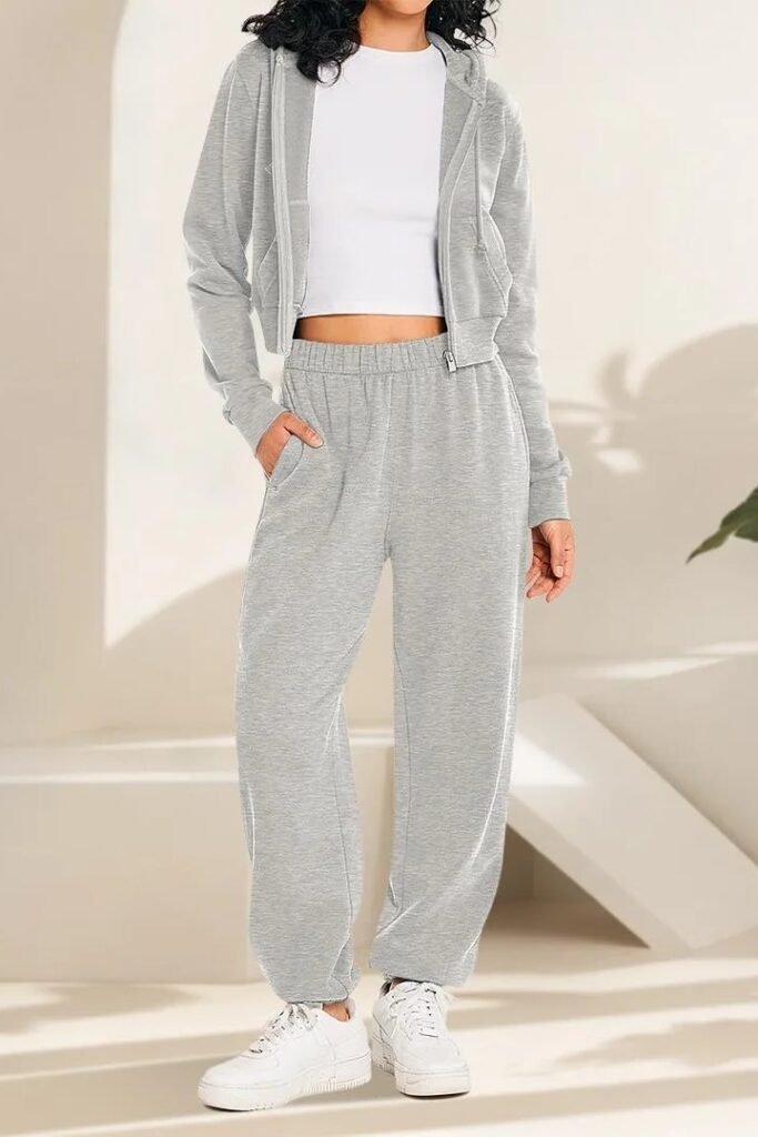 Light Grey Zip-Up Hoodie + White Cropped Tank Top + Light Grey Joggers + White Low-Top Sneakers