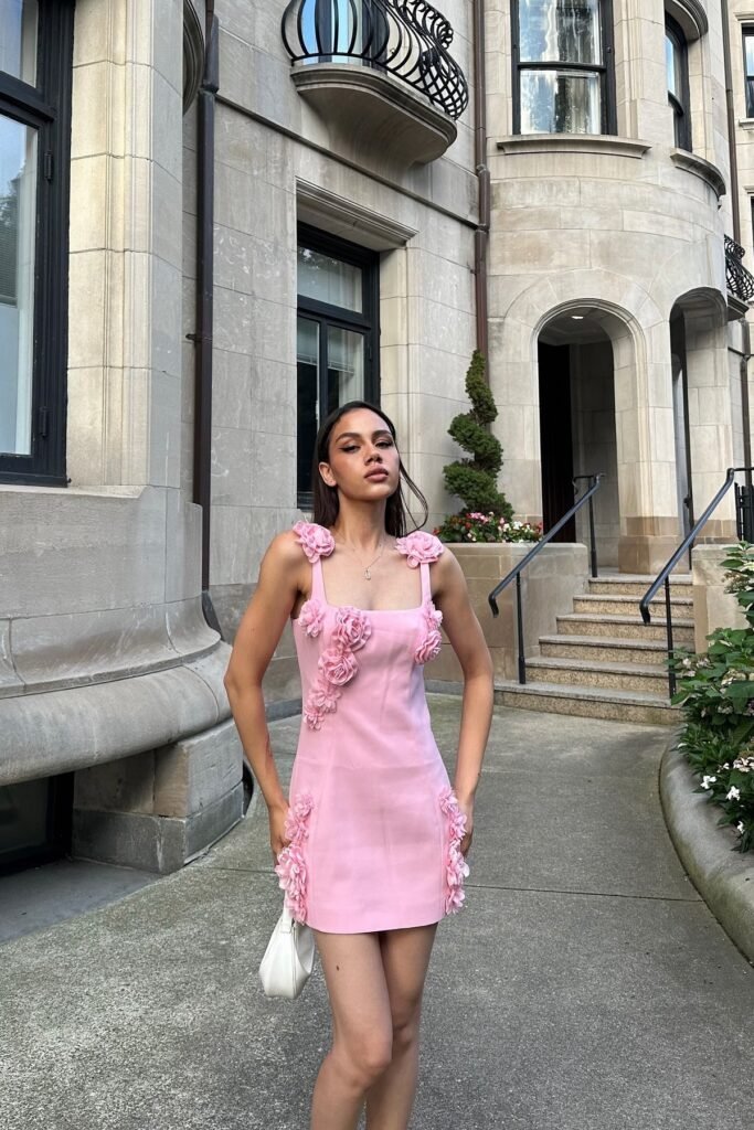 Light Pink Floral Appliqué Mini Dress + Small White Shoulder Bag