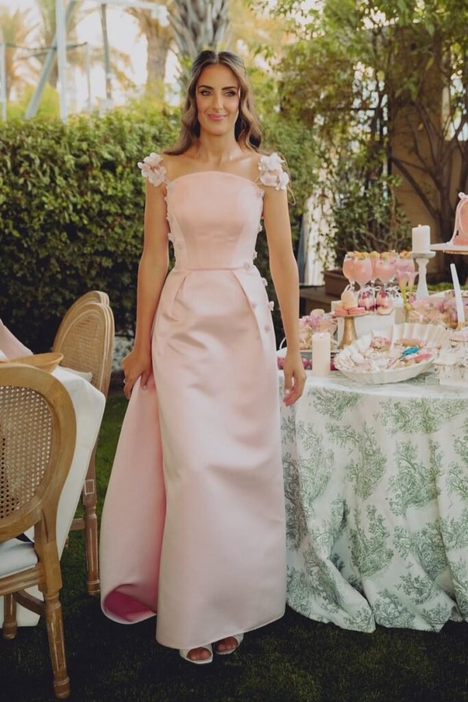 Light Pink Satin Column Gown + Floral Appliqué Straps + White Open-Toe Sandals