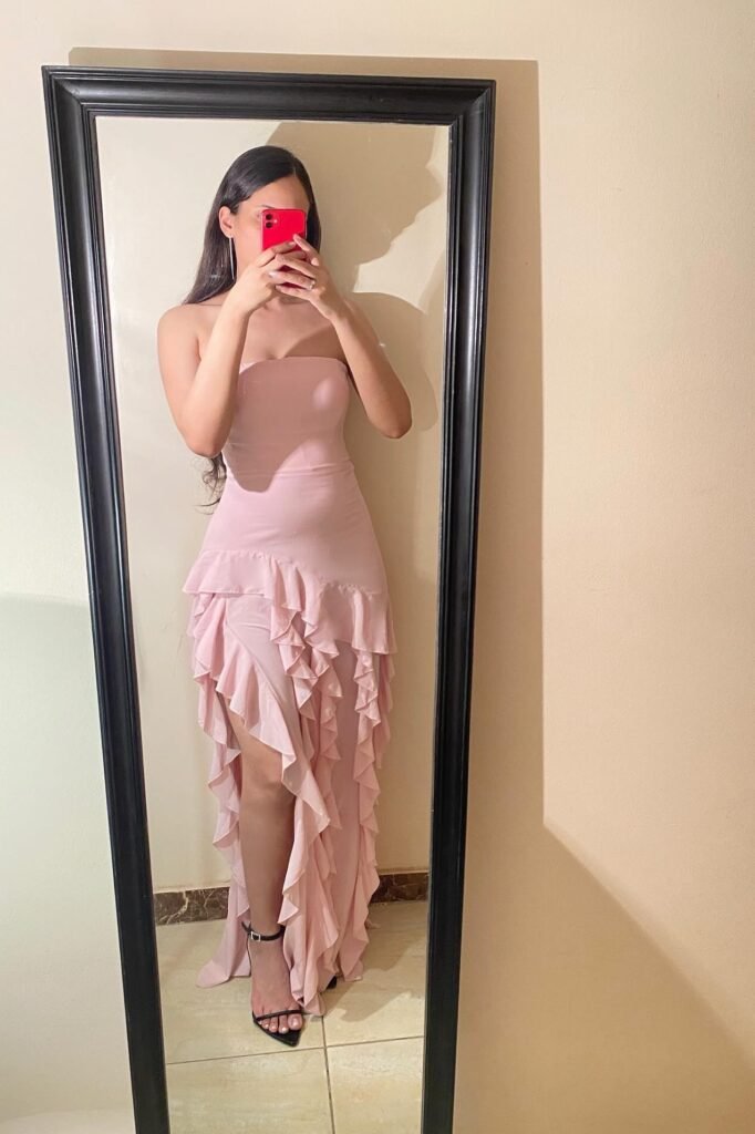 Light Pink Strapless Ruffled Gown + Black Strappy Heels