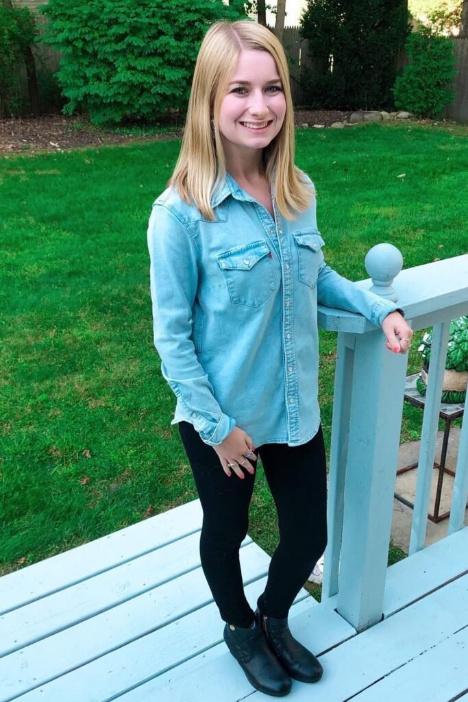 Light Wash Denim Button-Down + Black Leggings + Black Wedge Ankle Boots