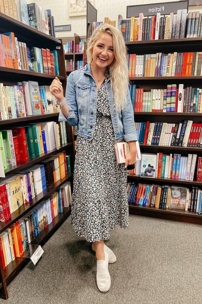 Light Wash Denim Jacket + Floral Tiered Maxi Dress + White Mesh Sneakers